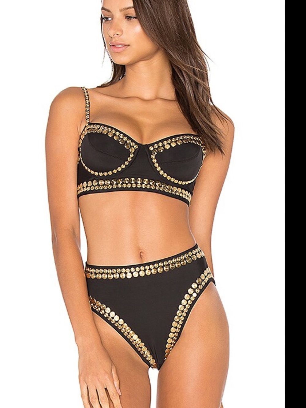 Norma Kamali Black Bikini with Gold Stud Embellishments